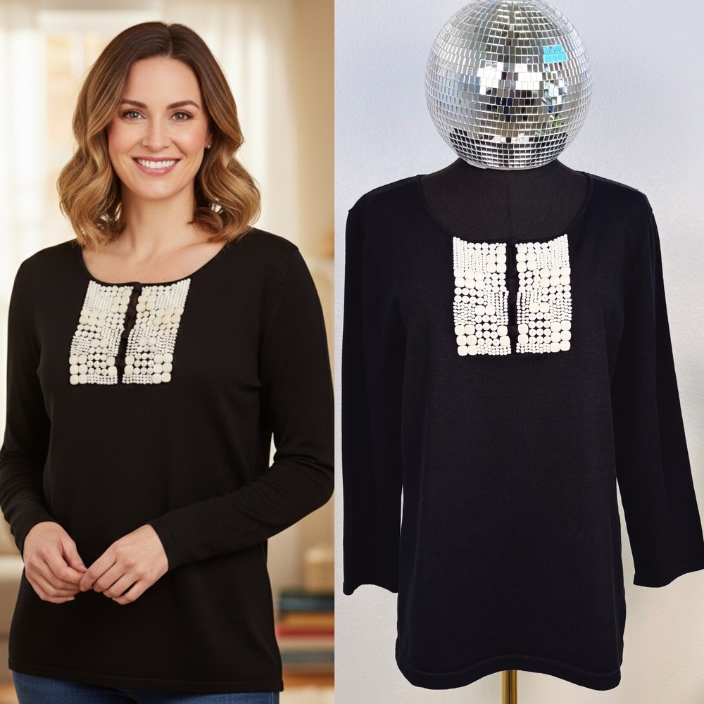 Ellen Tracy Beaded‎ Sweater Large, Black Embellished Pullover top boho office